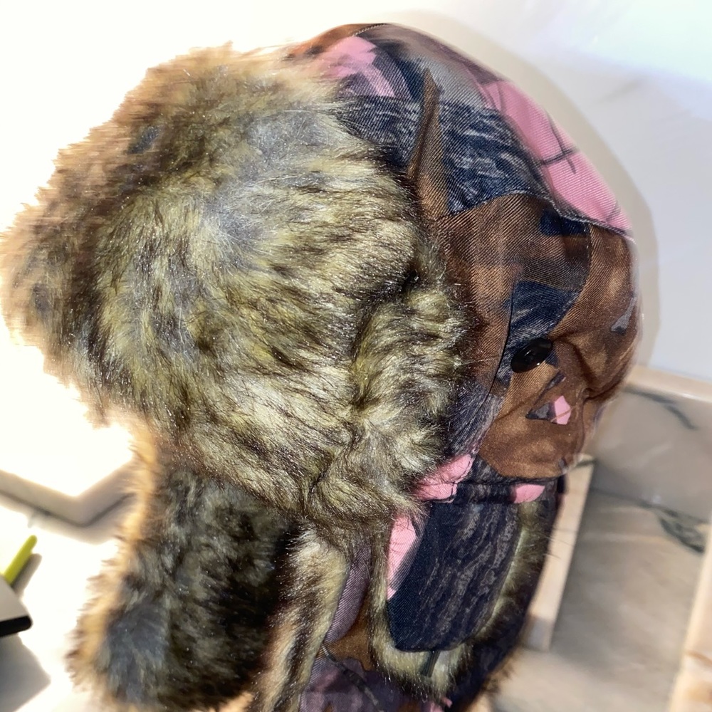 Pink camo and fur hat